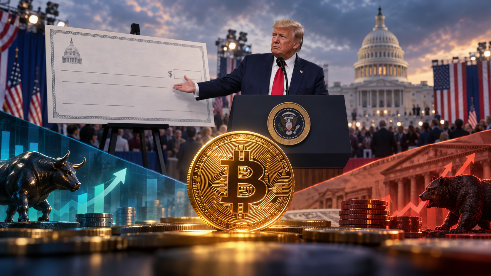Donald Trump présente un chèque non signé devant le Capitole tandis qu’un Bitcoin domine un marché partagé entre liquidité et inflation