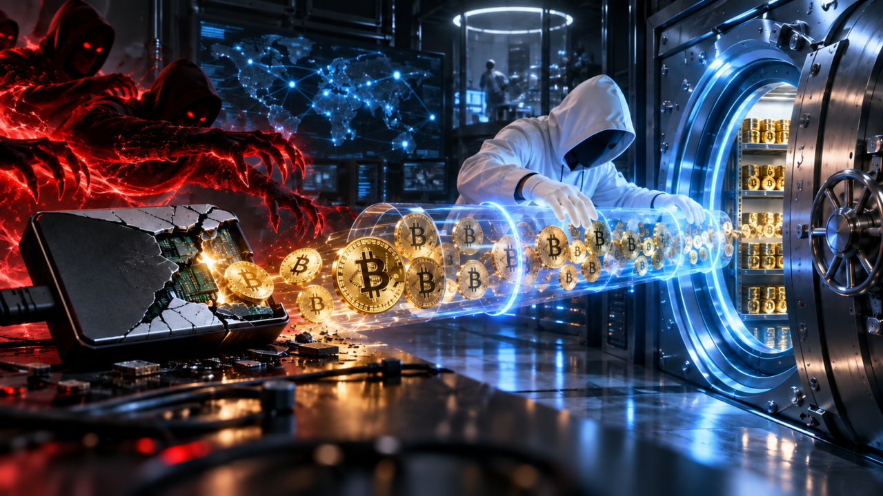 Un hacker éthique transfère des bitcoins depuis un hardware wallet fissuré vers un coffre sécurisé