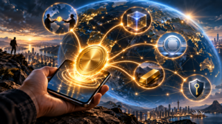 Une valeur numérique circule depuis un smartphone à travers un réseau financier mondial