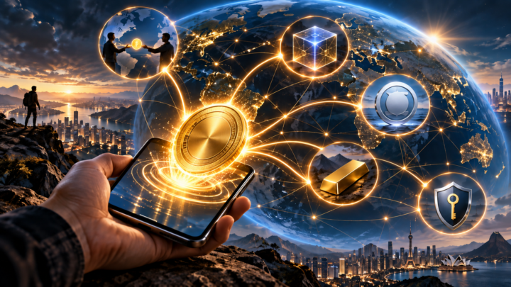 Une valeur numérique circule depuis un smartphone à travers un réseau financier mondial