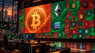 Carte thermique crypto dominée par Bitcoin avec Ethereum, Solana et plusieurs secteurs de marché