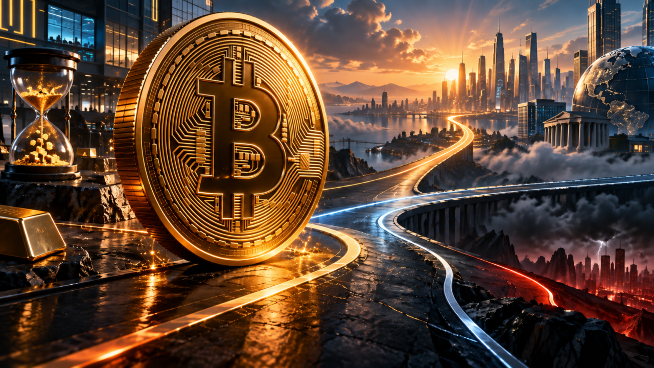 A golden Bitcoin in front of several possible trajectories toward global finance in 2030