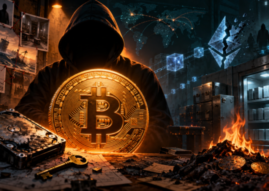 Une silhouette anonyme examine un Bitcoin, un disque dur perdu et des traces de transactions dans une salle d’enquête