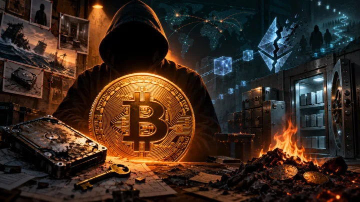 Une silhouette anonyme examine un Bitcoin, un disque dur perdu et des traces de transactions dans une salle d’enquête