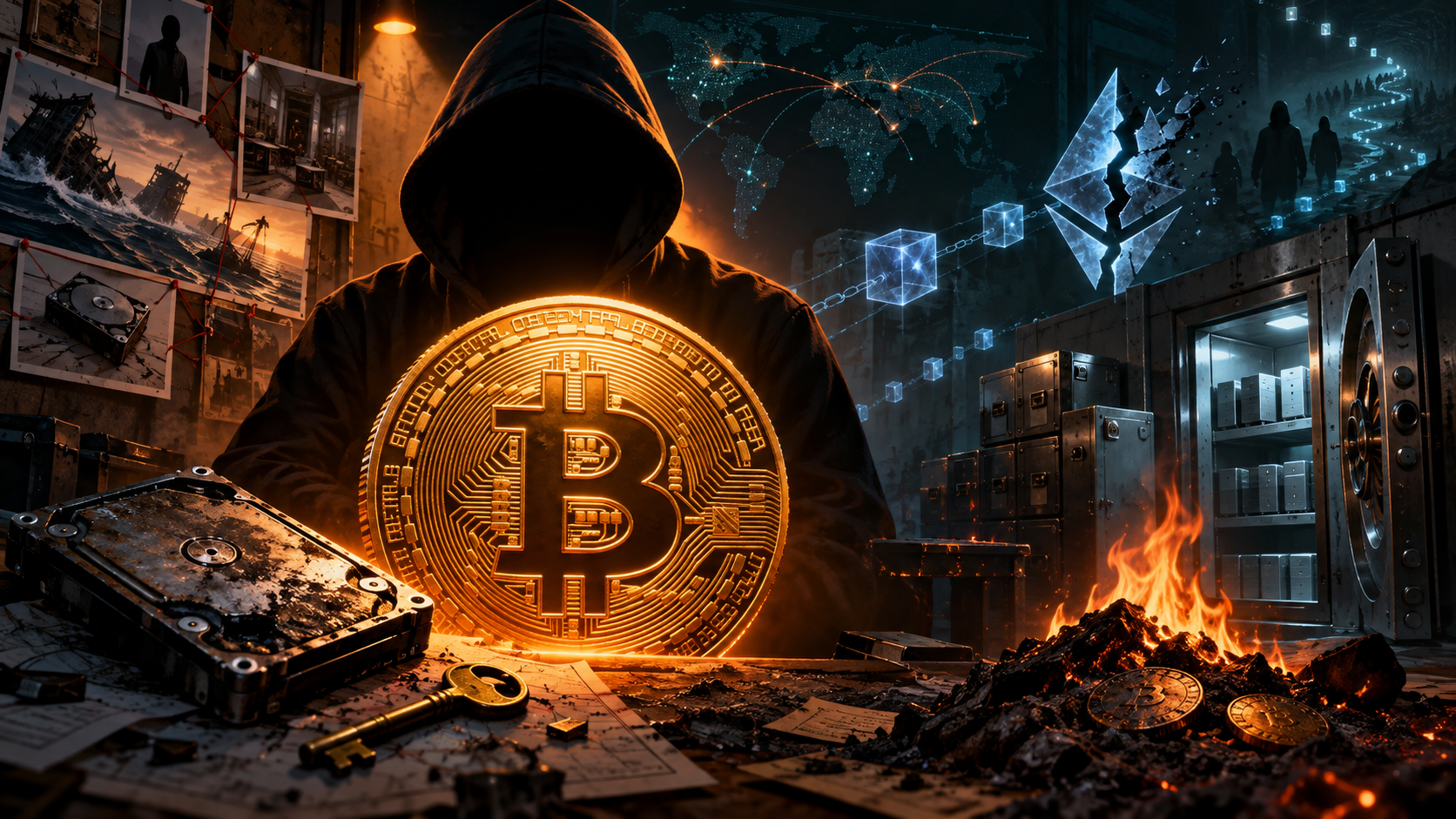 Une silhouette anonyme examine un Bitcoin, un disque dur perdu et des traces de transactions dans une salle d’enquête