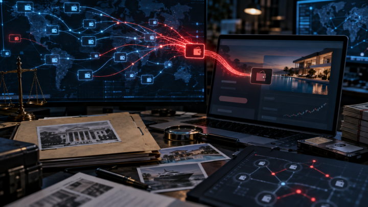 Des enquêteurs suivent des flux entre plusieurs wallets liés à une fausse plateforme crypto