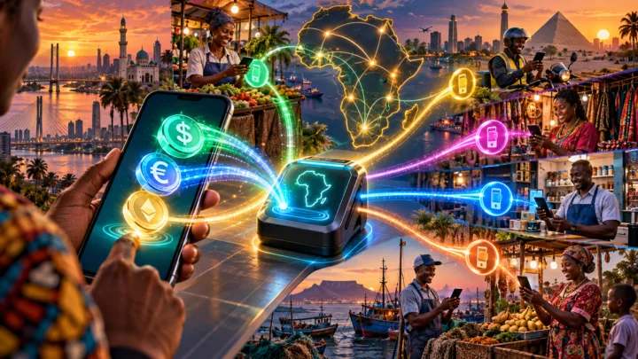 Un smartphone convertit des stablecoins en paiements mobiles reliés à plusieurs marchés africains