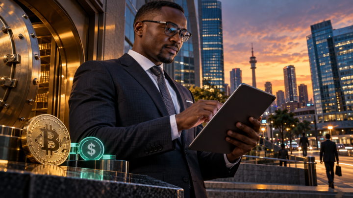 Un professionnel sud-africain consulte des actifs Bitcoin et stablecoins dans un quartier financier