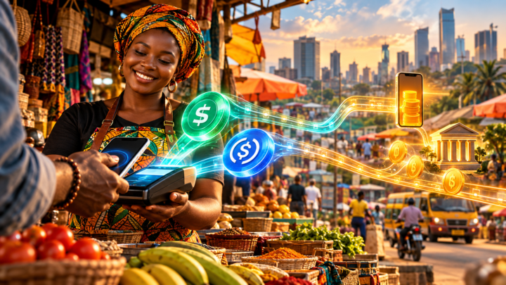 Une marchande africaine reçoit un paiement stablecoin converti vers les rails locaux