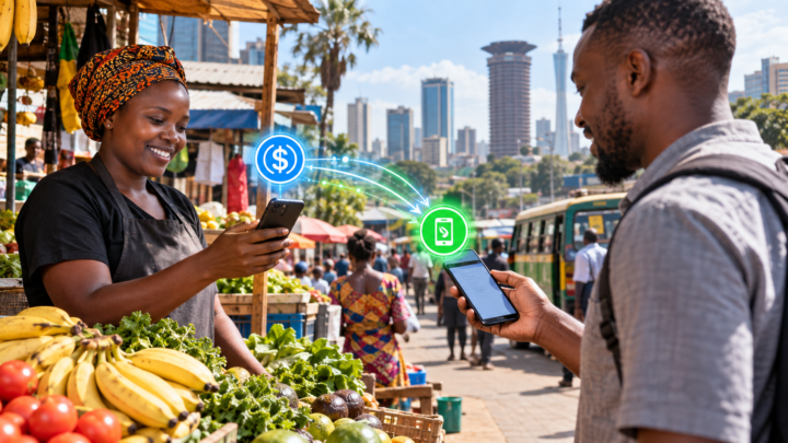 Une commerçante de Nairobi reçoit un paiement mobile issu de stablecoins sur son téléphone