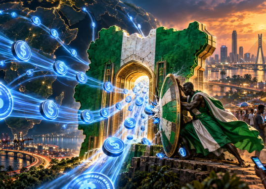 Des flux de stablecoins en dollars convergent vers une porte financière dessinant la carte du Nigeria