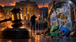 Un marteau judiciaire frappe devant un coffre crypto fissuré lors de la liquidation de NTC en Afrique du Sud