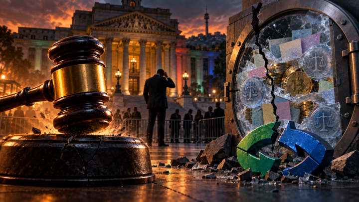 Un marteau judiciaire frappe devant un coffre crypto fissuré lors de la liquidation de NTC en Afrique du Sud