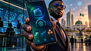 Un smartphone blockchain sécurisé présenté devant le quartier financier nigérian
