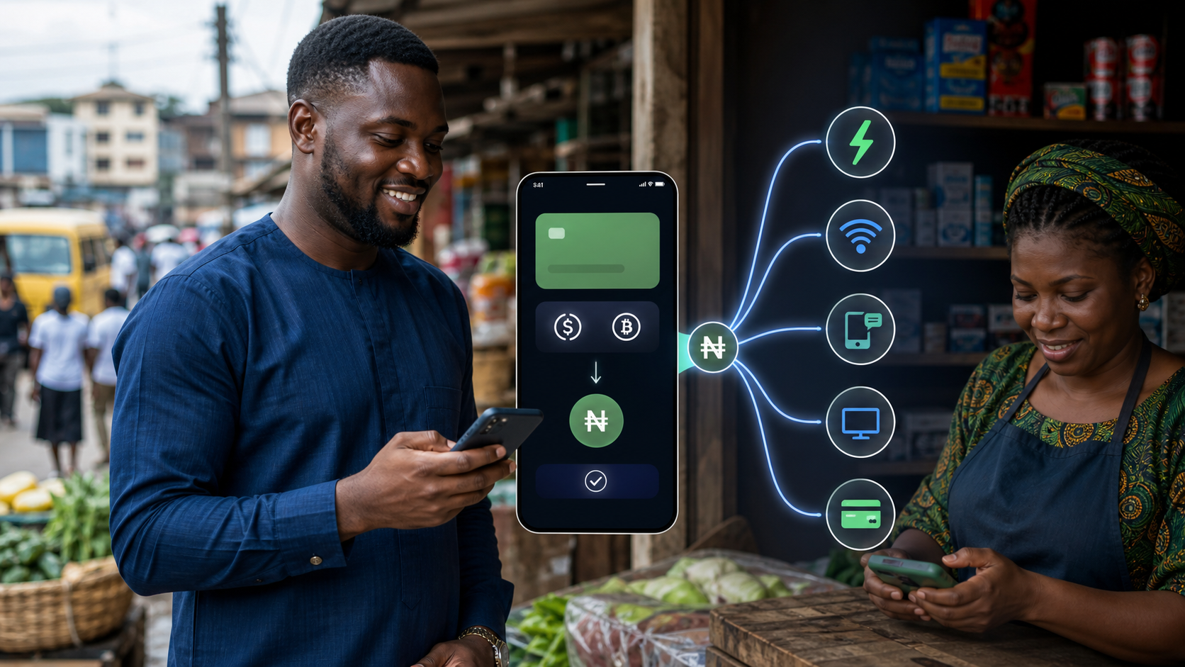 Mtumiaji wa Nigeria anabadilisha cryptocurrency kuwa naira ili kulipia matumizi ya kila siku
