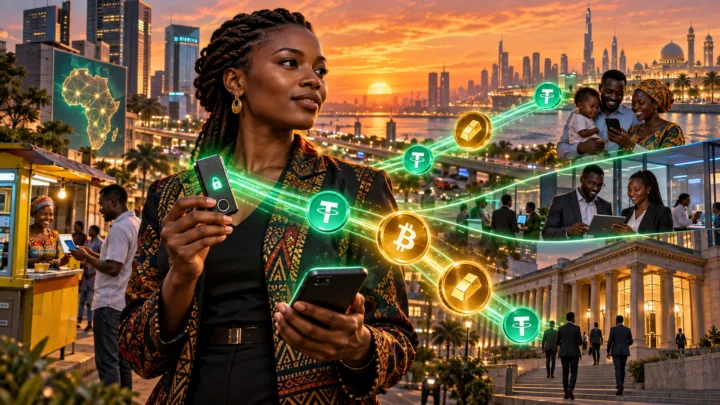 Une entrepreneuse africaine utilise un portefeuille en self-custody relié aux paiements numériques