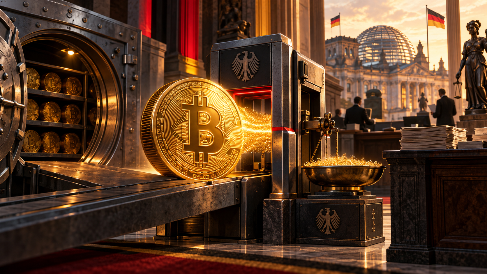 Un Bitcoin quitte un coffre et traverse un dispositif fiscal devant les institutions allemandes