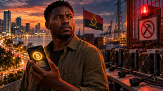 Un utilisateur angolais consulte Bitcoin devant des machines de minage débranchées à Luanda