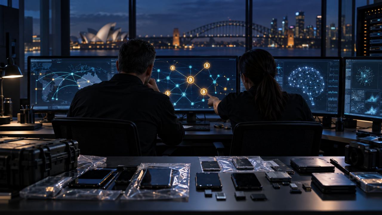 Des enquêteurs analysent des appareils saisis, des flux crypto et un réseau d’intelligence artificielle dans un laboratoire australien