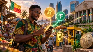 Un utilisateur béninois consulte Bitcoin et USDT près d’un point mobile money à Cotonou