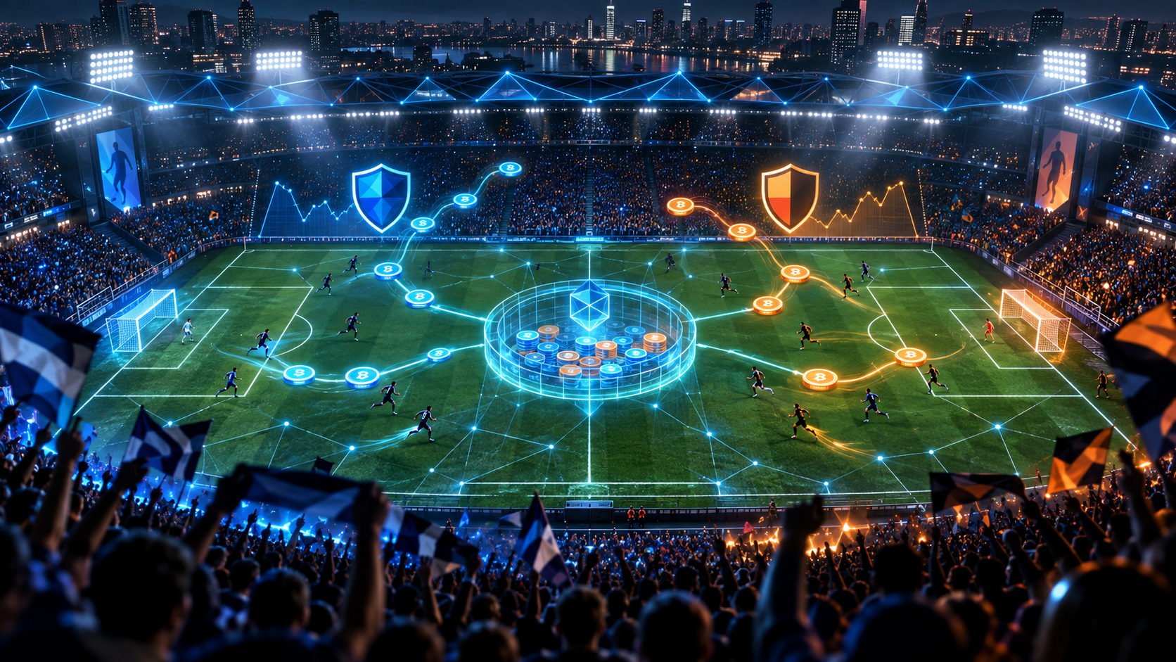 Un stade de football transformé en marché prédictif blockchain avec des flux de liquidité sur la pelouse