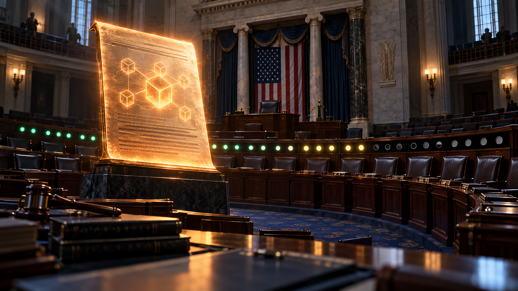 Un projet de loi blockchain reste suspendu dans une salle du Sénat où plusieurs sièges sont encore vides