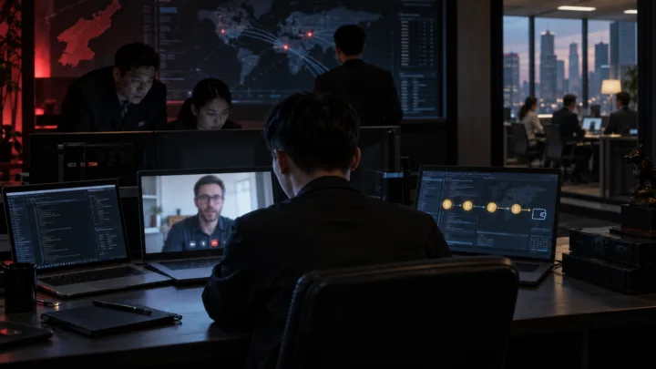 Un développeur passe un entretien vidéo tandis que des opérateurs coordonnent une infiltration et un paiement en crypto