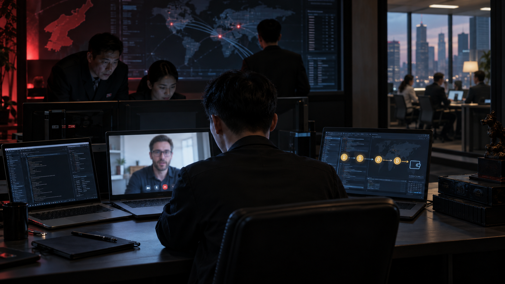 Un développeur passe un entretien vidéo tandis que des opérateurs coordonnent une infiltration et un paiement en crypto
