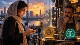 Un utilisateur égyptien consulte Bitcoin et USDT devant un commerce au Caire