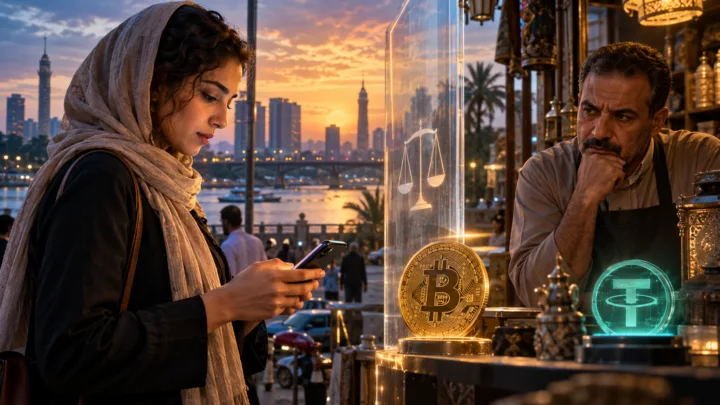 Un utilisateur égyptien consulte Bitcoin et USDT devant un commerce au Caire