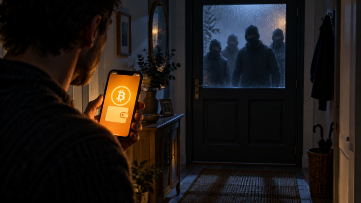 Illustration d’un homme chez lui face à quatre silhouettes masquées derrière une porte vitrée, avec un téléphone affichant un portefeuille crypto