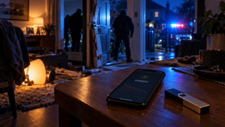 Un portefeuille crypto presque vide sur une table après une intrusion dans une maison de banlieue française