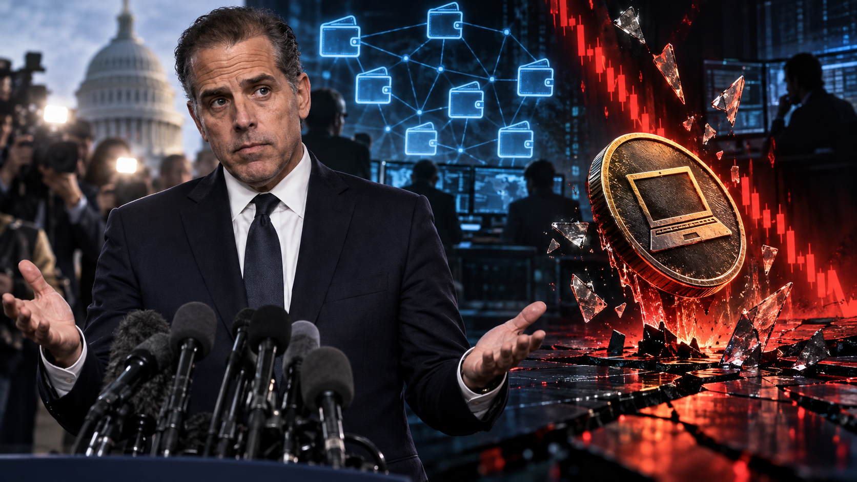 Hunter Biden les mains ouvertes devant un token LAPTOP en chute et des wallets analysés sur la blockchain