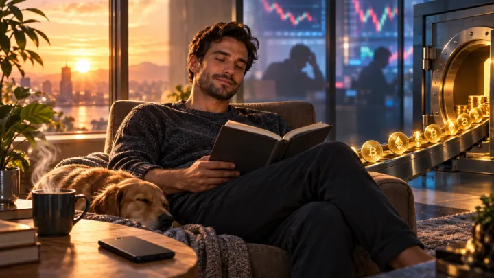 Un investisseur reste calme pendant qu’un système automatise ses achats de cryptomonnaies