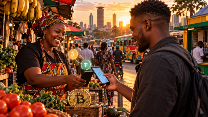 Une commerçante kényane reçoit un paiement numérique lié à Bitcoin et au mobile money