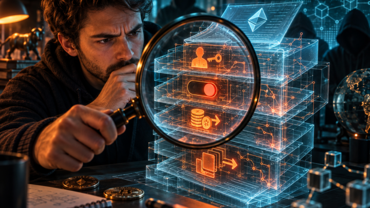 Un utilisateur examine à la loupe les permissions et couches proxy d’un smart contract