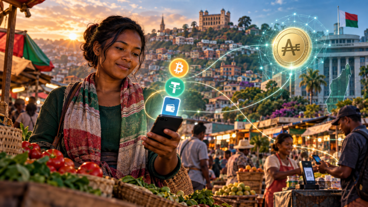 Une commerçante malgache utilise Bitcoin, USDT et mobile money devant le réseau eAriary