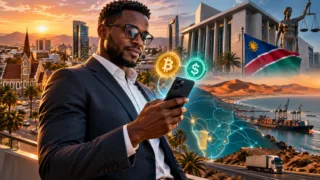 Bitcoin et stablecoins devant les infrastructures financières de Windhoek en Namibie