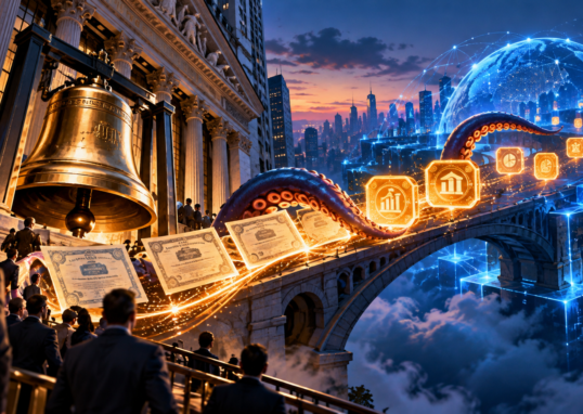 Une cloche boursière reliée par un pont à des actions tokenisées et à une blockchain publique