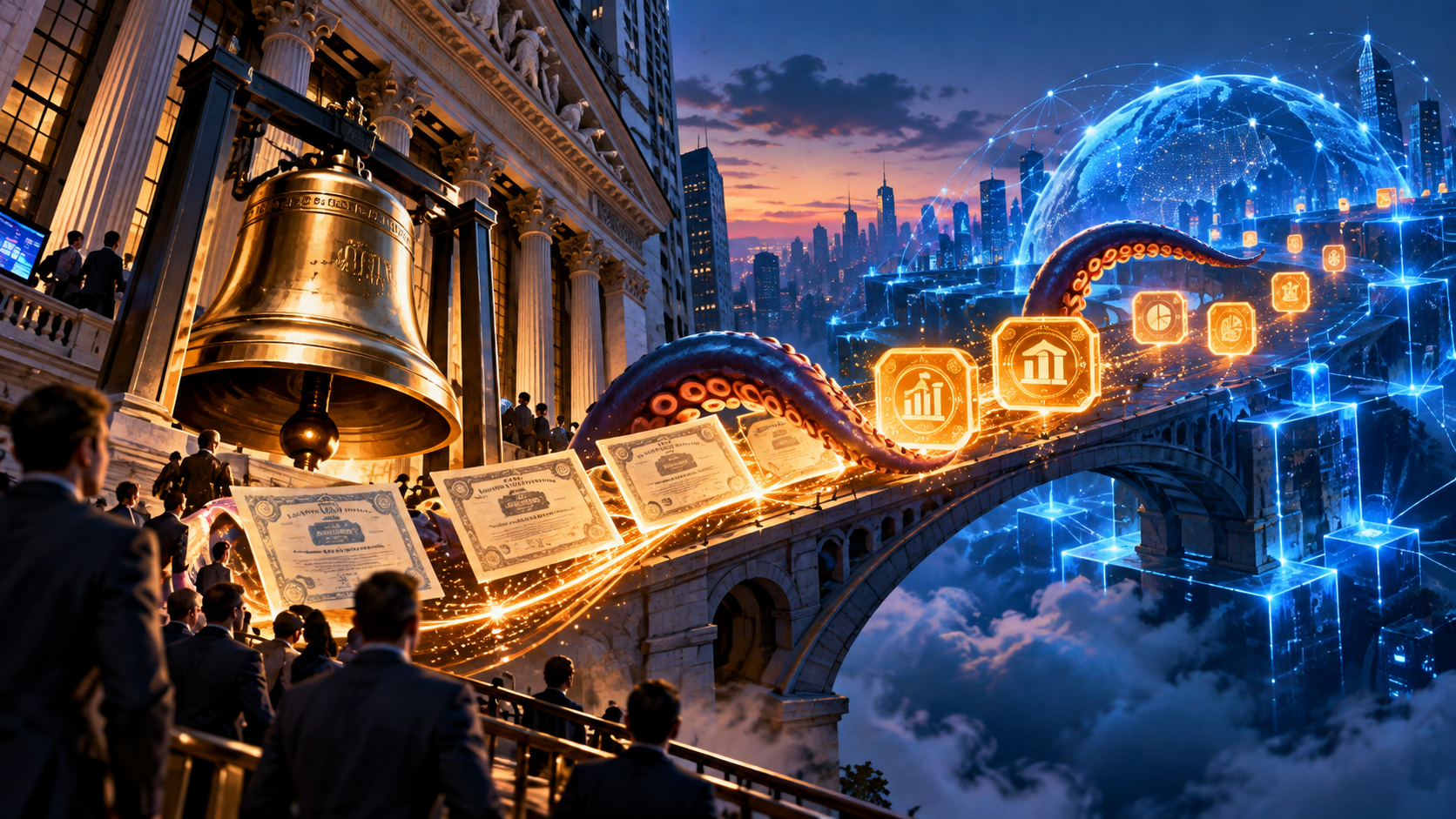Une cloche boursière reliée par un pont à des actions tokenisées et à une blockchain publique