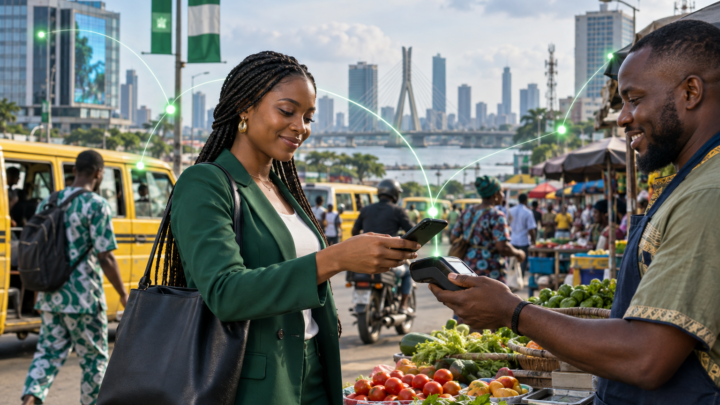 Une professionnelle nigériane effectue un paiement numérique dans une rue de Lagos