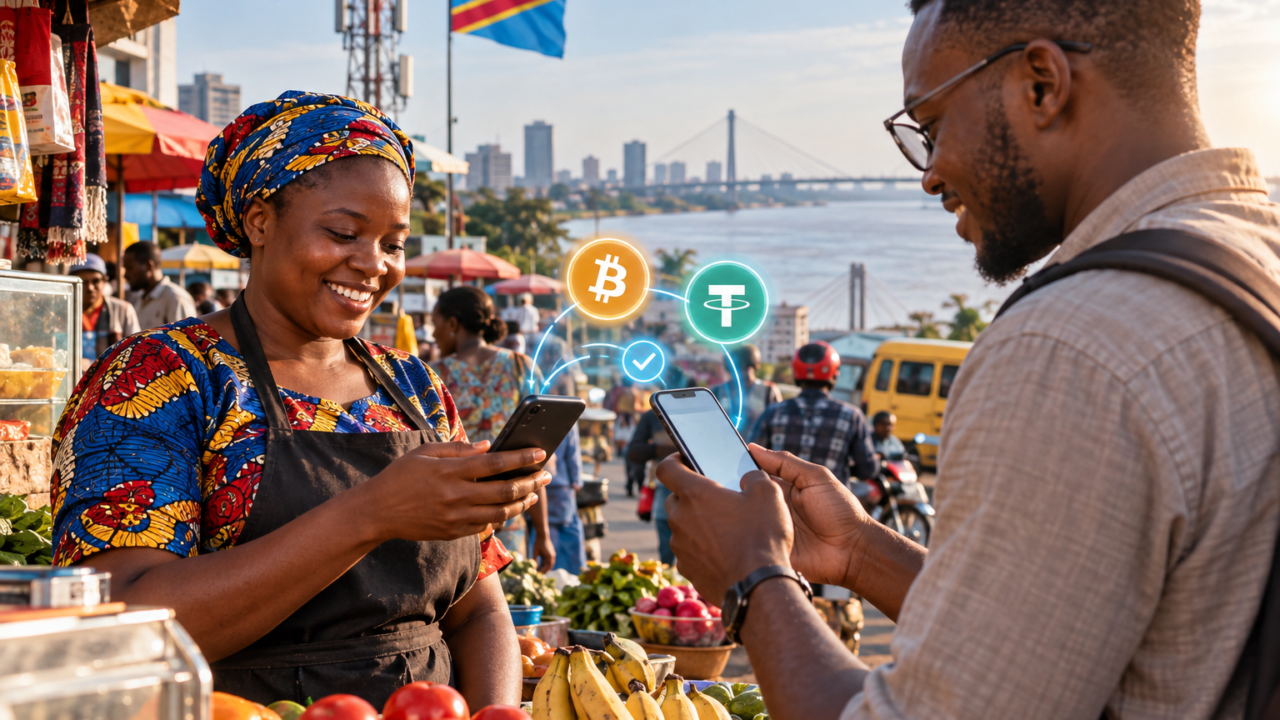 Une commerçante congolaise reçoit un paiement numérique lié à Bitcoin, USDT et au mobile money