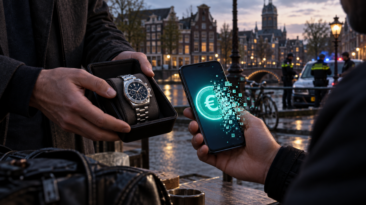 Une montre de luxe est échangée contre un faux stablecoin euro qui se désagrège
