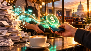A stablecoin payment setup next to a stack of tax documents in front of the US Capitol