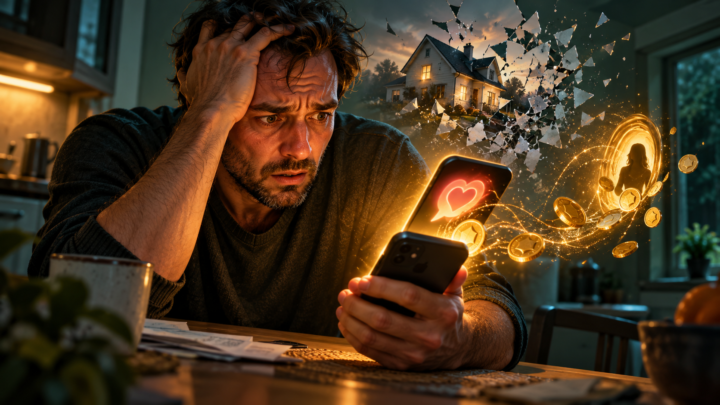 Un homme inquiet regarde son téléphone tandis que ses économies et son projet de maison disparaissent