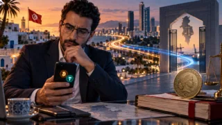 Un professionnel tunisien compare Bitcoin, USDT et le dinar devant une porte réglementaire
