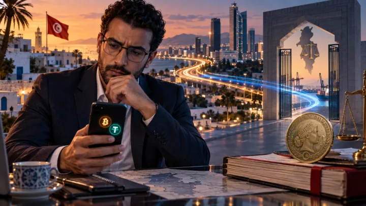 Un professionnel tunisien compare Bitcoin, USDT et le dinar devant une porte réglementaire