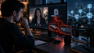 Un développeur hésite devant un faux entretien vidéo tandis qu’un téléchargement menace son wallet