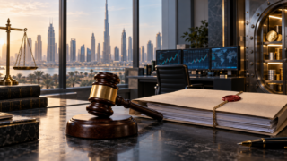 Un marteau de justice devant un bureau crypto et la skyline de Dubaï