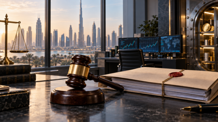 Un marteau de justice devant un bureau crypto et la skyline de Dubaï